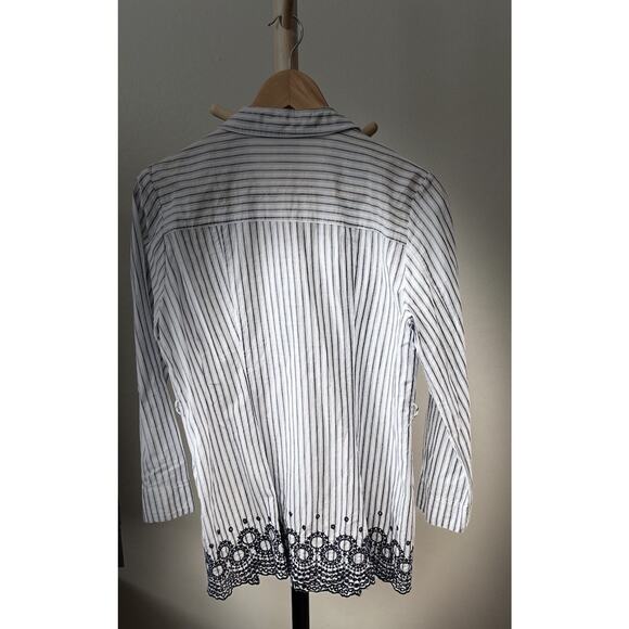 Womens Medium Linen Feel Top Long Sleeves Collared Striped Blue Embroidered - Picture 7 of 12